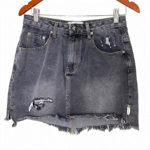 ONE Teaspoon 2020 Mini Skirt- High Waisted Distressed Washed Black Denim Skirt